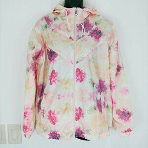 2/$30 Nanette Lepore Windbreaker Womens Size Small Full Zip Hooded Floral Pink